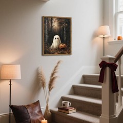 Framed Vintage Halloween Ghost Canvas Wall Art, Cute Ghost Pumpkin Wall Decor…