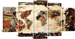 Large 5 Panel World Map Art – Spices on Wood, Ready to Hang 60»x32