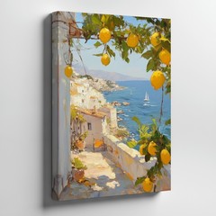 Mediterranean Coastal Canvas Wall Art Featuring Lemon Tree Blue Sea Landscape