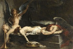 JESUS AU TOMBEAU DEAD CHRIST ANGELS RELIGIOUS PAINTING ART BY HENRI L LEVY REPRO
