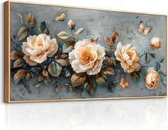 Large Canvas Wall Art – White Ink-Wash Flower Painting 30″x60″ Home Decor