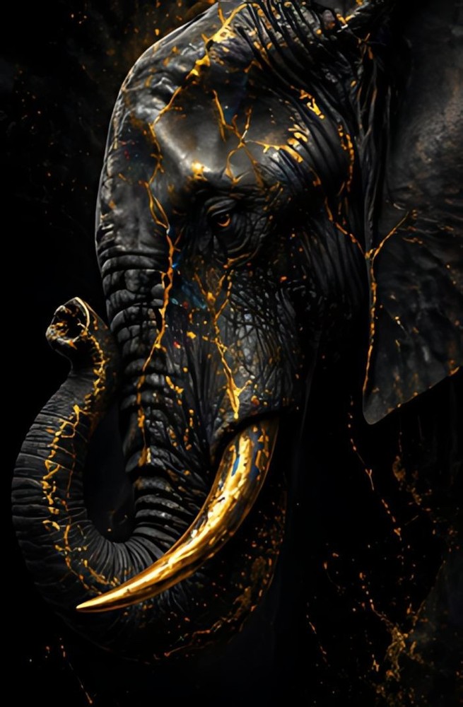 Black & Gold Kintsugi Style Elephant Canvas Wall Art – Luxury Wildlife Decor