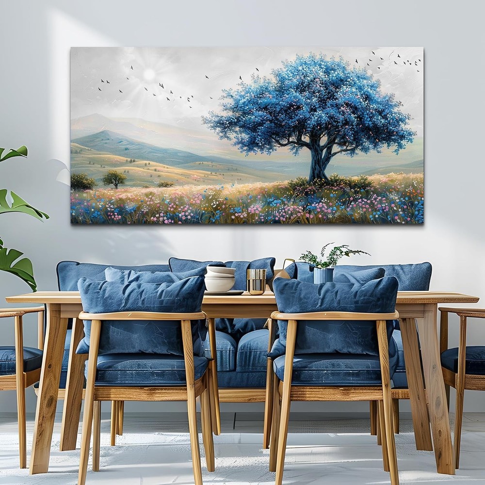 Field Scenery Wall Painting Blue Trees Wall Mural Wall Poster,24″x48″ DIY Framed