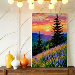 Mountain Sunrise Balcony Woman Dog Landscape Painting Canvas Bedroom House Print