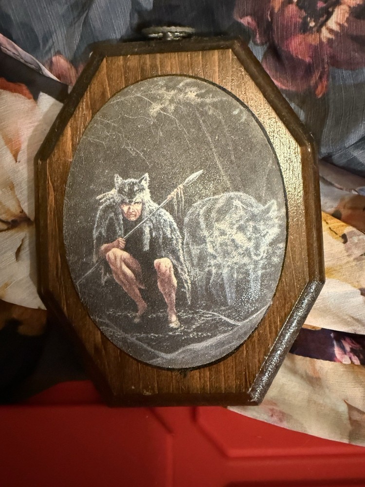 Vintage Native American Style Hunter & Wolf Plaque Rustic Wood Art Cabin Decor