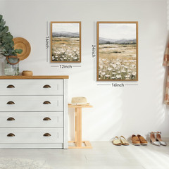 White Wildflowers Wall Art Set of 3, Neutral Meadow Landscape Wall Decor, Minima