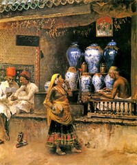 THE VASE SELLER SCENE IN INDIA ORIENTALIST PAINTING BY EDWIN LORD WEEKS REPRO