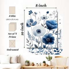 MKYFHSVGD Navy Blue and White Floral Wall Art Posters Set of 10×8, pattern-4