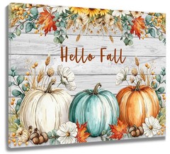 Green Eucalyptus Leaf Pumpkin Fall Canvas Wall Art for Bathroom Living Room