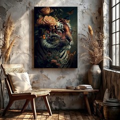 Wall Art Tiger Portrait with Flowers Butterflies Dark Botanical Wildlife Print