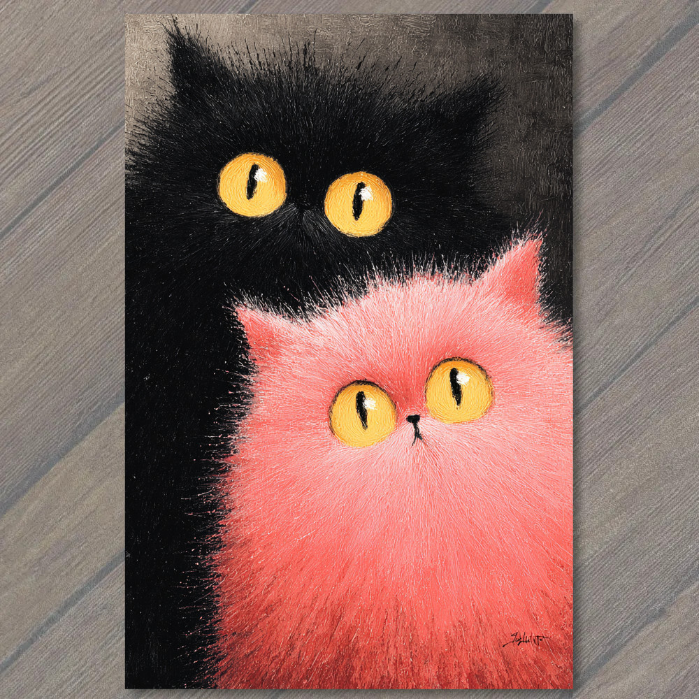 Art Print Black Pink Cats Yellow Eyes Cute Furry Duo Whimsical Art