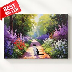 Canvas Wall Art Cat Black White Spring Garden Path Blooming Scene Charming