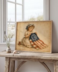 Vintage Americana Girl Sewing American Flag, Patriotic Art, 4th of July Poster