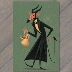 Art Print Tall Horned Devil Carrying Candy Basket Retro Holiday Whimsy Humor
