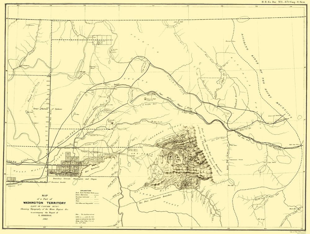 Historic State Map – Washington Territory East Cascade Mountains – Bien 1862 –