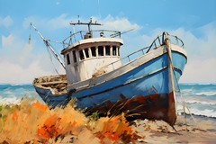 Old Fishing Boat Coastal Painting Print on Framed Canvas, Nautical Coastal Decor