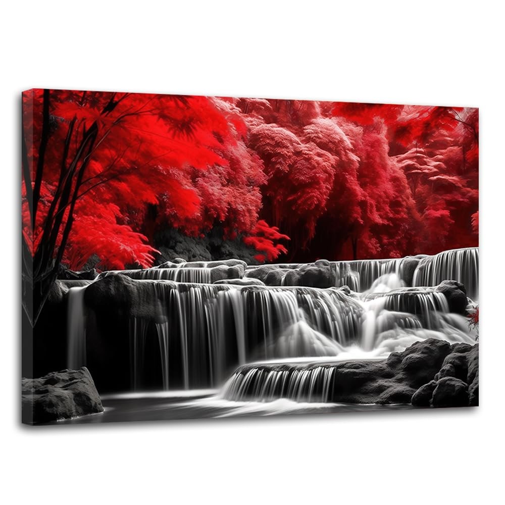 Waterfall Forest Canvas Wall Art Red Tree Landscape Picture Prints Black and …