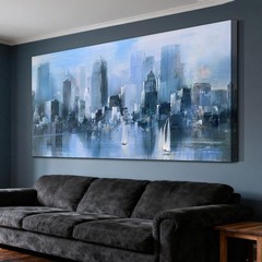 Blue Canvas Wall Art Modern Abstract Cityscape Picture Textured Painting, New…