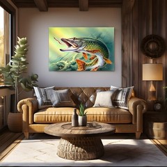 Northern Pike Fishing Painting Print on Framed Canvas Wall Art Fisherman Gift