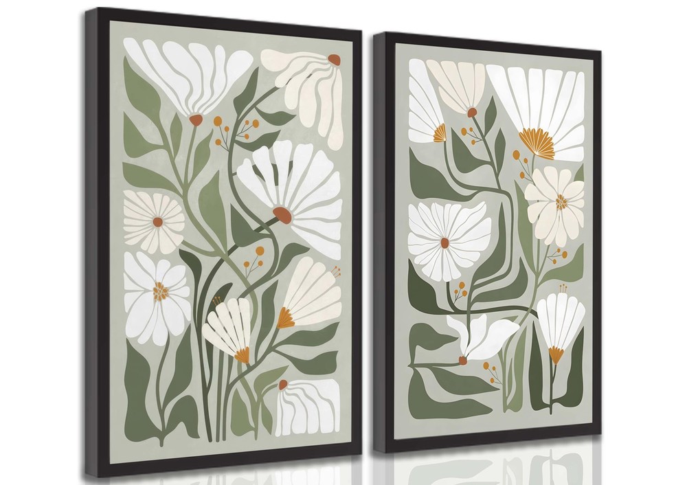 2 Pcs Boho Wildflowers Canvas Wall Art Green Bohemia Abstract Floral Botanica…