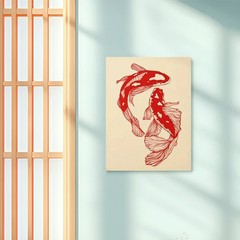 Canvas Art Red Koi Fish Minimal Oriental Line Art Lucky Wall Decor