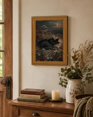 Black Cat Wall Art Decor, Vintage Gold Framed Sleeping Cat Canvas Print, Dark…