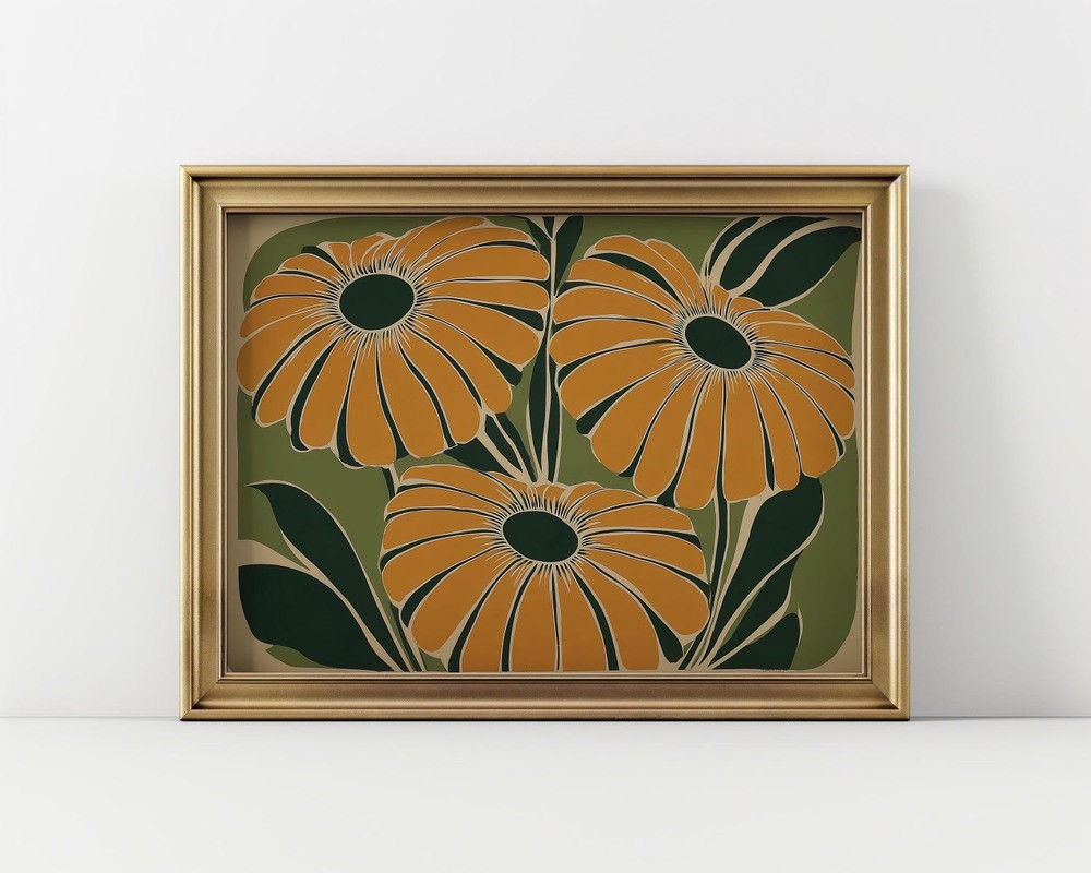 Colorful Art Deco Floral Wall Art Mid Century Modern Flower Poster