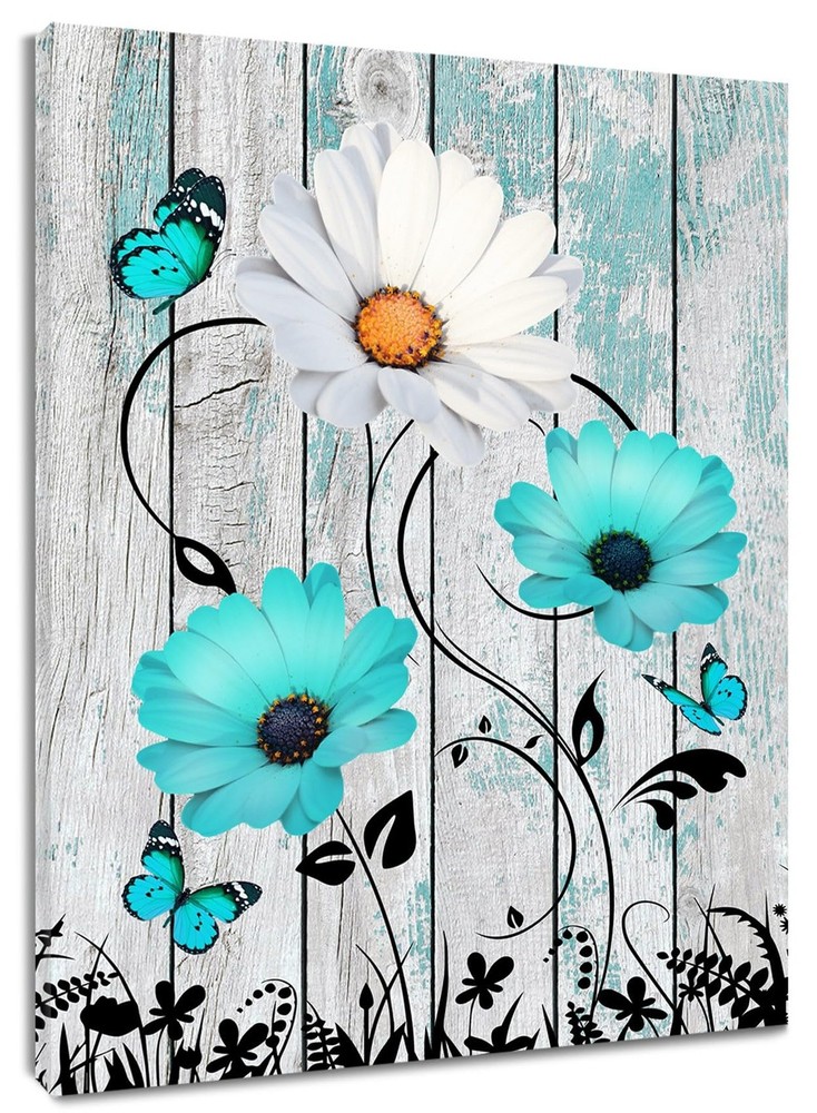 Farmhouse Turquoise Floral Canvas Wall Art Teal Blue and White Daisy Butterfl…