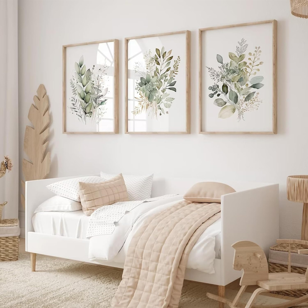 Watercolor Botanical Wall Art Set of 3 Boho Floral Canvas Wall Decor Prints Sage