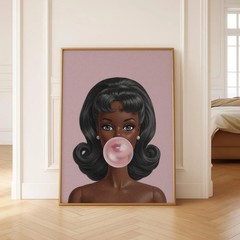 Black Girl Bubblegum Art Retro Pop Portrait Pink Aesthetic Preppy Room Decor