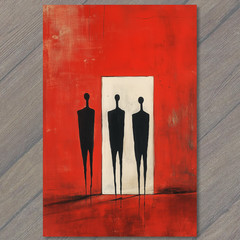 Art Print Red Room White Doorway Three Figures Abstract Surreal Minimal