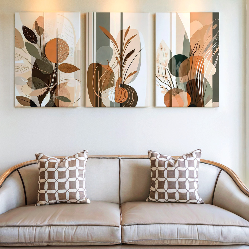 3 Pieces Abstract Botanical Earth Tones Large Wall Art Set for Living Set Of 3