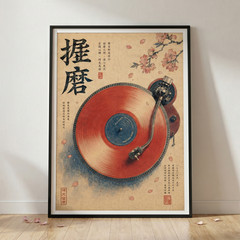 Vintage Japanese Vinyl Record Poster Retro Turntable Wall Art Cherry Blossom Pri