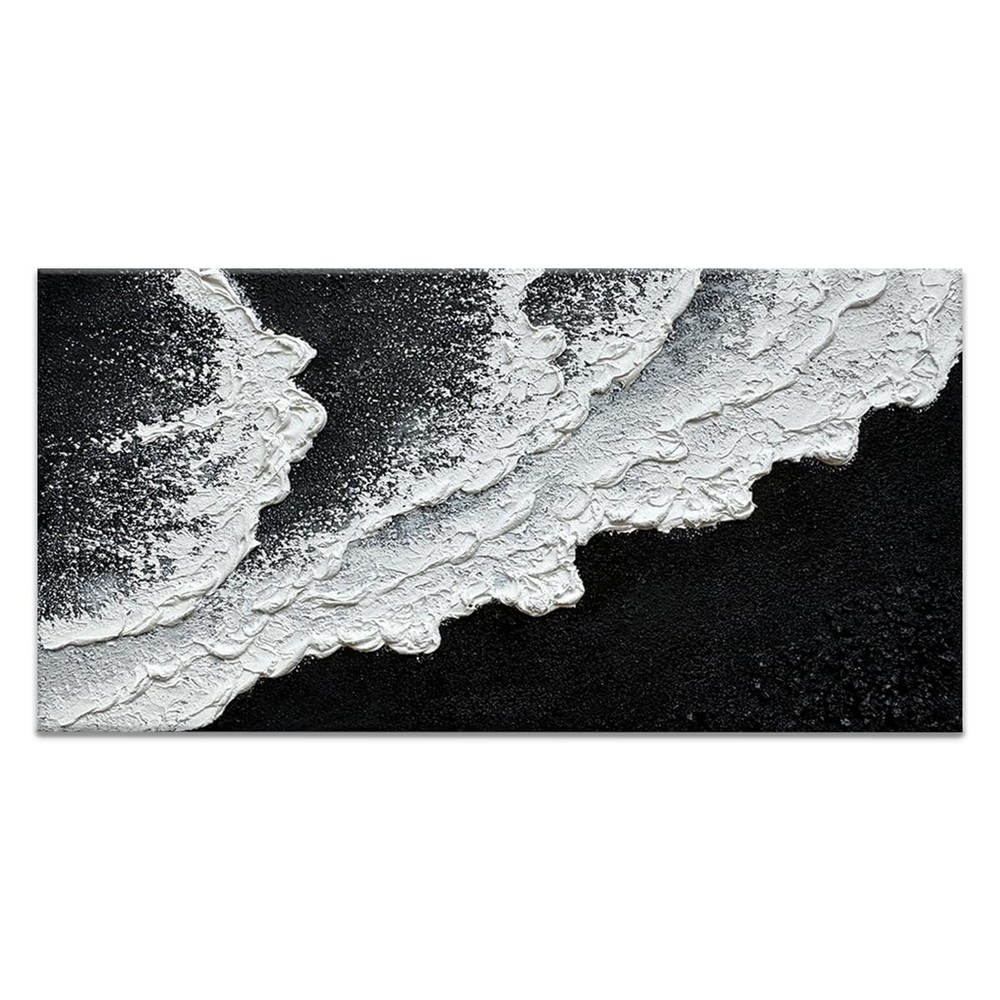 Black and White Beach Wave Textured Wall Art 3D Oil Painting Hand Painted Abs…