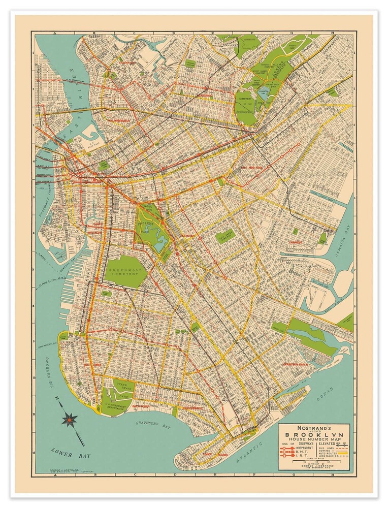 Nostrand’s Streets of Brooklyn Map c 1934 | Historical Art Print Poster Vintage