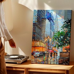 Wall Art City Street Rainy Urban Painting Skyscraper Lights Canvas Print Decor