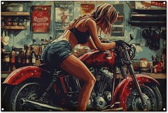 Tin Metal Sign Wall Art Print Poster A Pretty Girl Fixing Motorcycles
