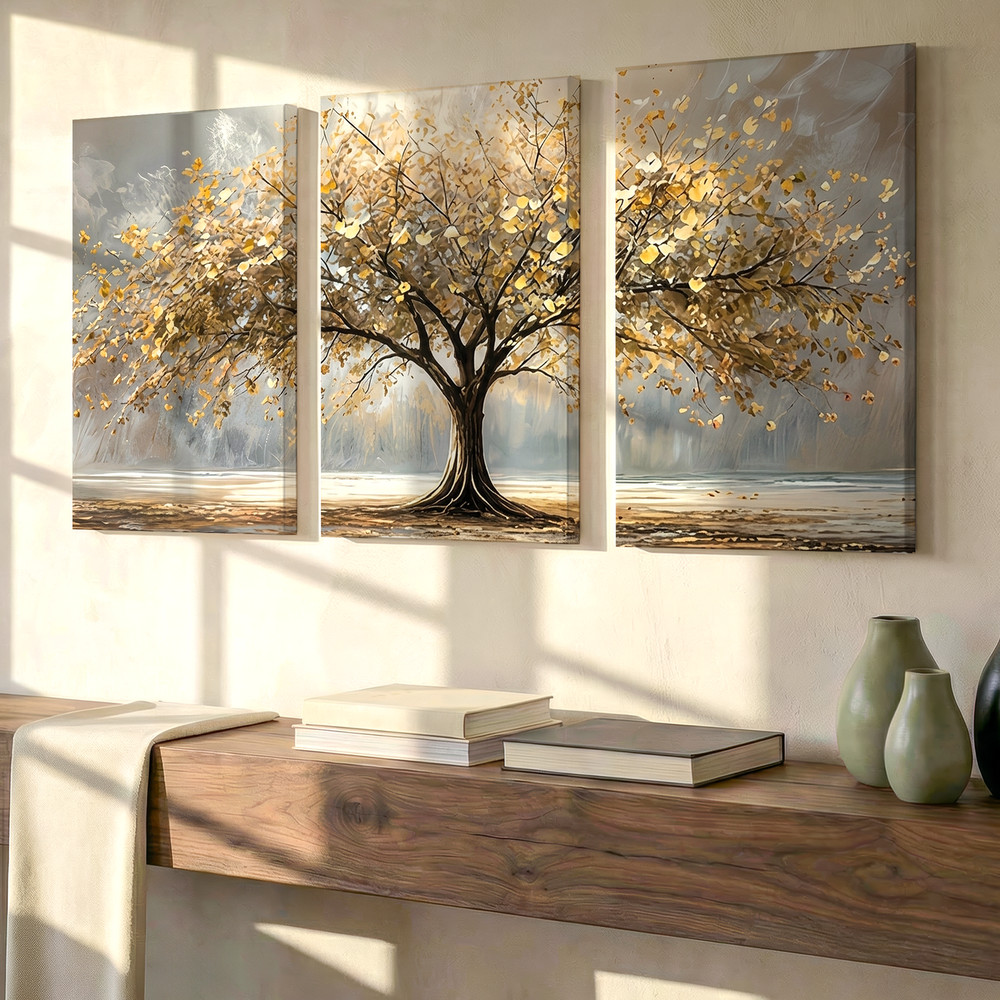 3 Pieces Golden Tree Autumn Landscape Large Wall Art Set for Living Set Of 3