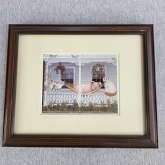 Vintage Framed Pig In Hammock With Cats Art Print Farmhouse Cottage Decor 11.5×9