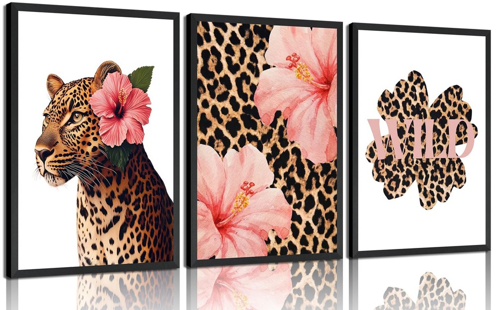 3 Pcs Trendy Leopard Print Poster Wall Art,Pink Cheetah Wall Decor, Hibiscus …