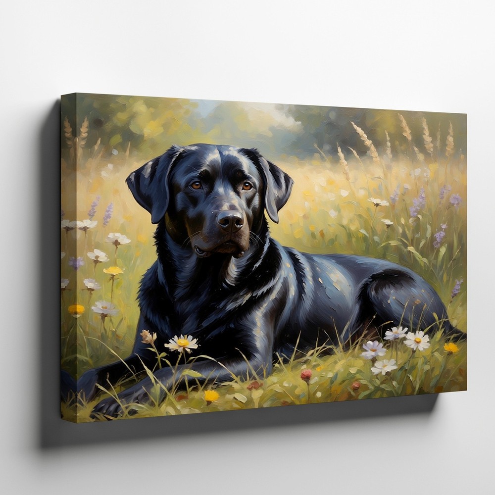 Black Labrador Canvas Wall Art Floral Meadow Nature Dog Animal Print Decor