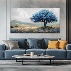 Field Scenery Wall Painting Blue Trees Wall Mural Wall Poster,24″x48″ DIY Framed