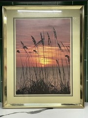 Vintage 1980’s Brass Framed Print 16×20 Matted Beach Sunset Retro Hawaii Art