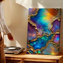 Wall Art Abstract Fluid Acrylic Painting Blue Purple Gold Iridescent Canvas Deco