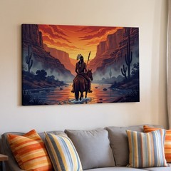 Native American Warrior on Horseback Canvas Wall Art Desert Sunset Print Decor