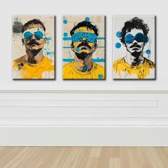 3pcs Old Man In Yellow T-Shirt Portrait Wall Art Canvas Framed 50x70cm