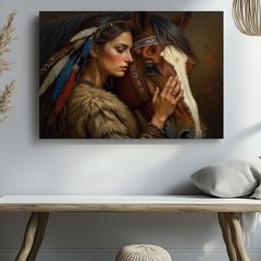 Native American woman with feathers in hair and horse canvas wall art print