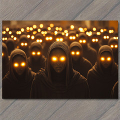 Art Print Glowing Eyes Hooded Figures Horror Cult Dystopian Surreal Dark