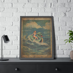 LOCH NESS MONSTER Art, Vintage Girl Riding Nessie Poster, Retro Cryptid Ocean