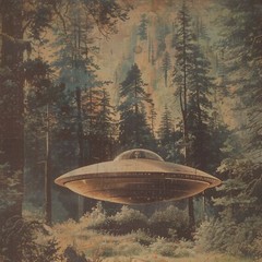 UFO ALIEN FOREST Fine Art Print, Retro Sci-fi Cryptid Poster, UAP Flower Decor
